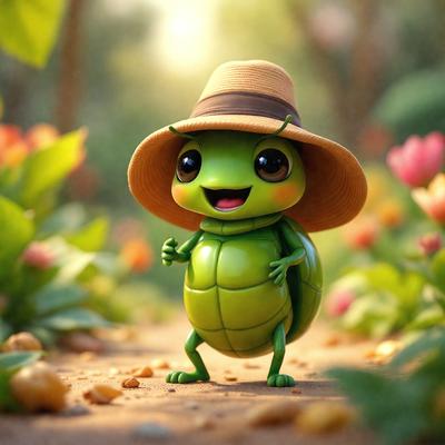 The primary subject of the image is a small green turtle wearing a hat. The turtle is standing on a dirt path surrounded by flowers, creating a lively and colorful scene. The visual style of the image is a combination of photo and digital art, giving it a unique and vibrant appearance. The colors and mood of the image are predominantly green and cheerful, with the turtle's hat adding a touch of whimsy to the scene.